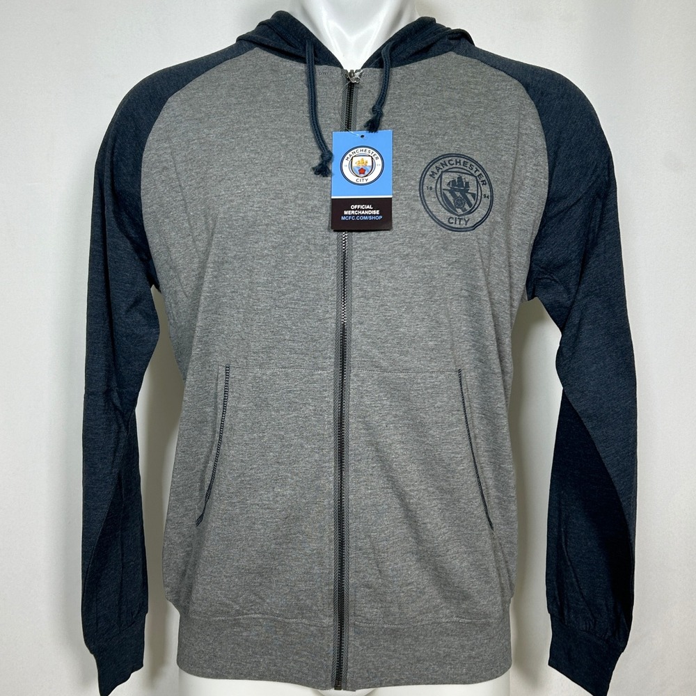 Manchester City FC Grey Navy Blue Lightweight Full Zip Hoodie Men's MEDIUM NWT